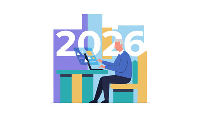 Planning 2026 business goals Senior man using futuristic laptop for corporate strategy