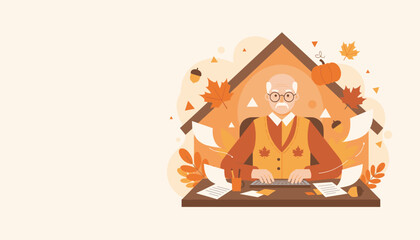 Senior writer working at home desk in cozy autumnal setting Creativity and retirement lifestyle