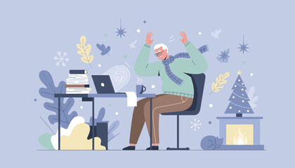 Stressed senior man working on laptop during winter holidays overwhelmed by remote deadlines
