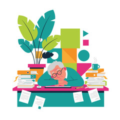 Stressed overworked senior man sleeping on a desk buried in paperwork