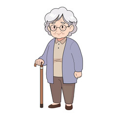 An elderly woman with glasses and a cane isolated on white background