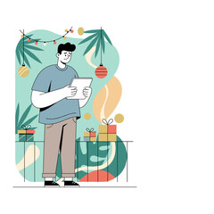 Stressed man uses a tablet on a festive tropical balcony with holiday gifts Online anxiety concept