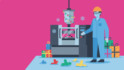 Industrial worker operating machinery decorated for the Christmas holiday and winter season