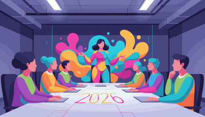 Vibrant 2026 business planning meeting Leader presenting creative new ideas to the team