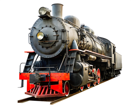 Vintage steam locomotive with red accents isolated on a transparent background train