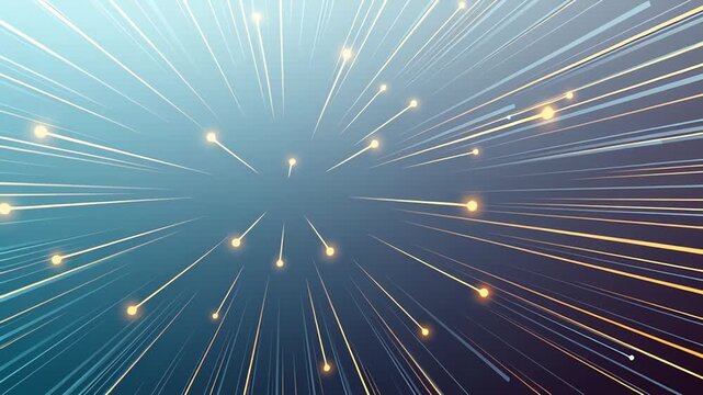 Abstract light beams spreading from the center on blue gradient background, optical fiber light trails glowing with high speed - Powered by Adobe