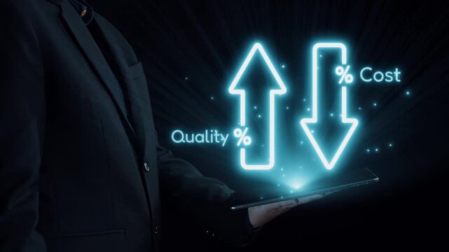 A businessman stands confidently while holding a tablet, surrounded by glowing arrows illustrating the relationship between quality improvement and cost reduction in business. Qubit