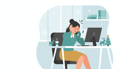 Stressed worker overwhelmed by holiday workload in an office decorated for winter