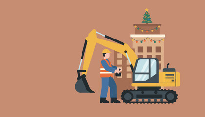 Holiday construction Worker beside excavator near festive building with Christmas tree