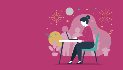 Woman works on a laptop amidst party elements Remote work success and celebration illustration