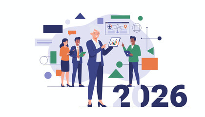 Corporate leadership team analyzes data for 2026 strategic business planning