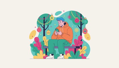 Man scrolls on phone outdoors amidst vibrant Christmas decorations and winter foliage