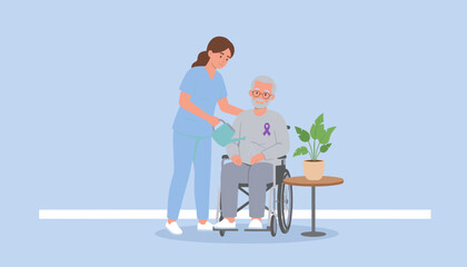 Compassionate nurse waters senior patient in wheelchair Support growth and elder healthcare metaphor