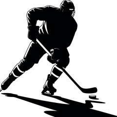 Black silhouette of hockey player with stick and puck