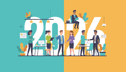 Diverse business professionals collaborate and shake hands focused on planning for the year 2026