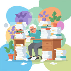 Overwhelmed senior man drowning in towering paperwork piles tax season bureaucracy high workload stress