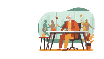 Senior businessman checks smartphone at his office desk during the autumn season