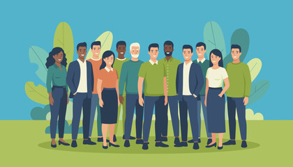 Diverse group of professionals smiling outdoors Teamwork community and corporate inclusion concept