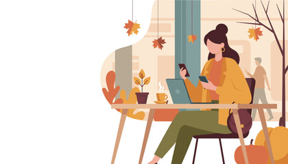 Woman working remotely on laptop and phones in a cozy autumn setting with seasonal decor