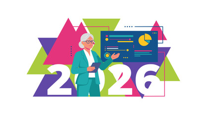 Experienced executive presenting 2026 business plan with data visualization