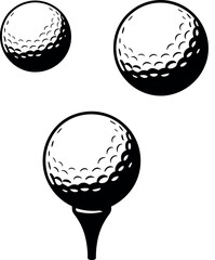 Three black and white golf balls one on a tee sport