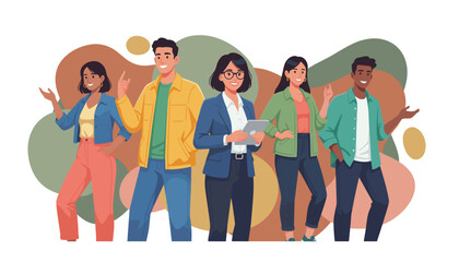 Diverse team collaborating pointing and using technology Modern business presentation illustration