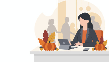 Businesswoman works on a tablet in an autumn office setting with fall decorations Seasonal productivity