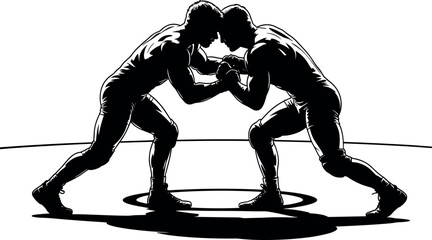 Two male wrestlers grappling on a mat wrestling sport