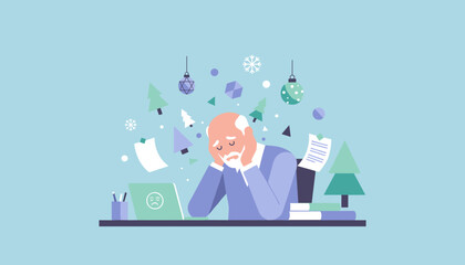 Overwhelmed senior man struggling with holiday stress and work pressure Burnout concept vector illustration