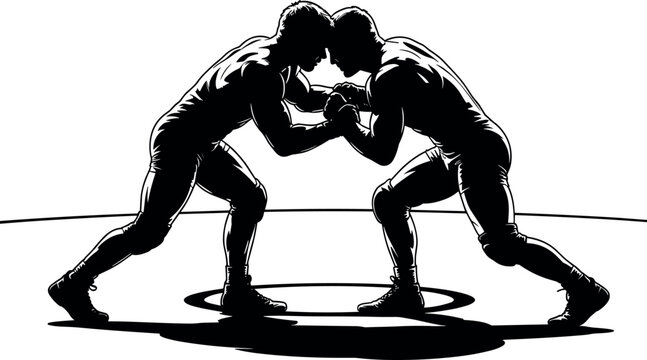 Two male wrestlers grappling on a mat wrestling sport