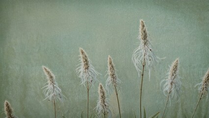 Dried grass or fluffy seed heads with delicate, wispy textures on a soft green background.