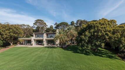 A modern house surrounded by lush trees with a well-maintained green lawn in front.
