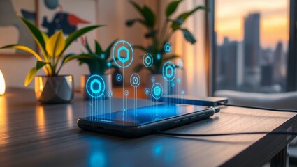 Smart phone with glowing data icons in modern office workspace