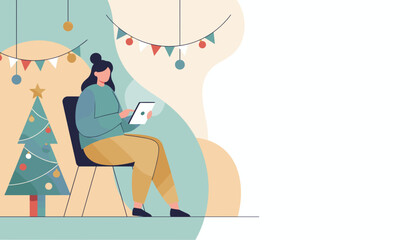Woman uses tablet by Christmas tree modern holiday illustration Shopping communication or seasonal work concept