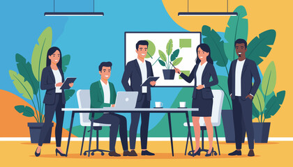 Diverse business team collaborating in a modern biophilic office during a successful presentation