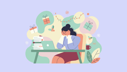 Businesswoman stressed by holiday work rush and overwhelming deadlines