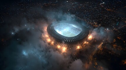 Spectacular aerial view of a vibrant, illuminated stadium at night, shrouded in dramatic clouds and city lights, igniting excitement for global sporting events.