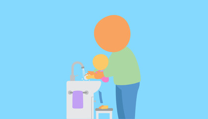 Parent teaching child proper hand washing technique at sink Hygiene family and health care concept
