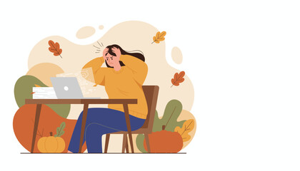 Stressed woman clutching head while working on laptop in autumn Burnout and overwhelming work concept