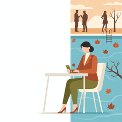 Businesswoman texting by an autumn pool with pumpkins distant social interaction seasonal work concept