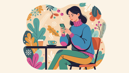 Cozy digital life Woman checks phone at a cafe table surrounded by stylized seasonal plants