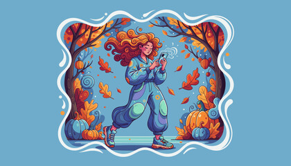 Woman jogging in a vibrant autumn park checking her smartphone Fall lifestyle and digital connectivity