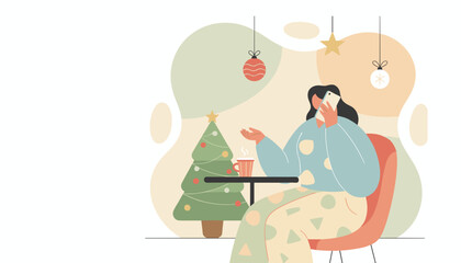 Cozy holiday communication woman on a phone call near a decorated Christmas tree