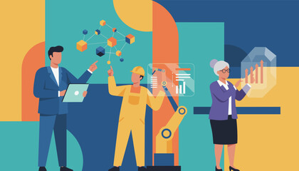 Team analyzing Industry 40 data automation and technological growth with engineer and executives