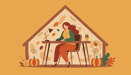 Autumn WFH setup Woman working at desk inside a cozy fallthemed house outline
