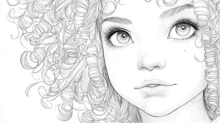 Captivating portrait of a young girl with curly hair artistic sketch creative studio intimate close-up childhood innocence