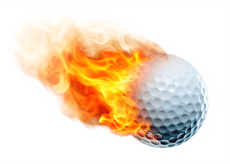 White golf ball engulfed in bright orange and yellow flames isolated on a transparent background 1