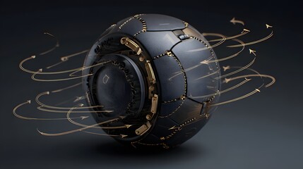 Futuristic black sphere with golden energy currents and arrows, representing innovation, data flow, and advanced technology concepts