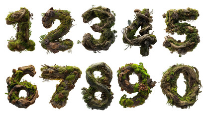 Nature-inspired moss numbers enchanted forest digital artwork vibrant greenery macro perspective eco-friendly concept for sustainable design