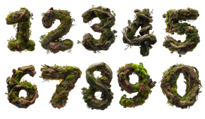 Nature-inspired moss numbers enchanted forest digital artwork vibrant greenery macro perspective eco-friendly concept for sustainable design